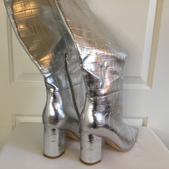 Women’s Silver Tall Faux Crocodile Boots - Picture 5 of 9